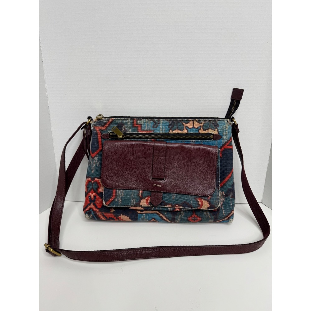 Fossil Kilim Canvas Leather Crossbody Bag Teal Burgundy Southwestern Geometric